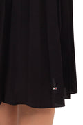 Black stretch viscose mock neck midi dress with ribbed top and pleated skirt