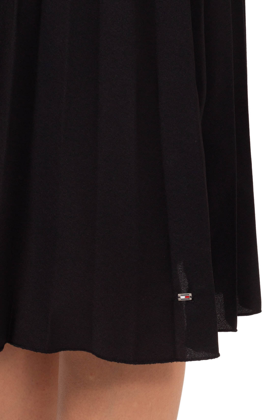 Black stretch viscose mock neck midi dress with ribbed top and pleated skirt