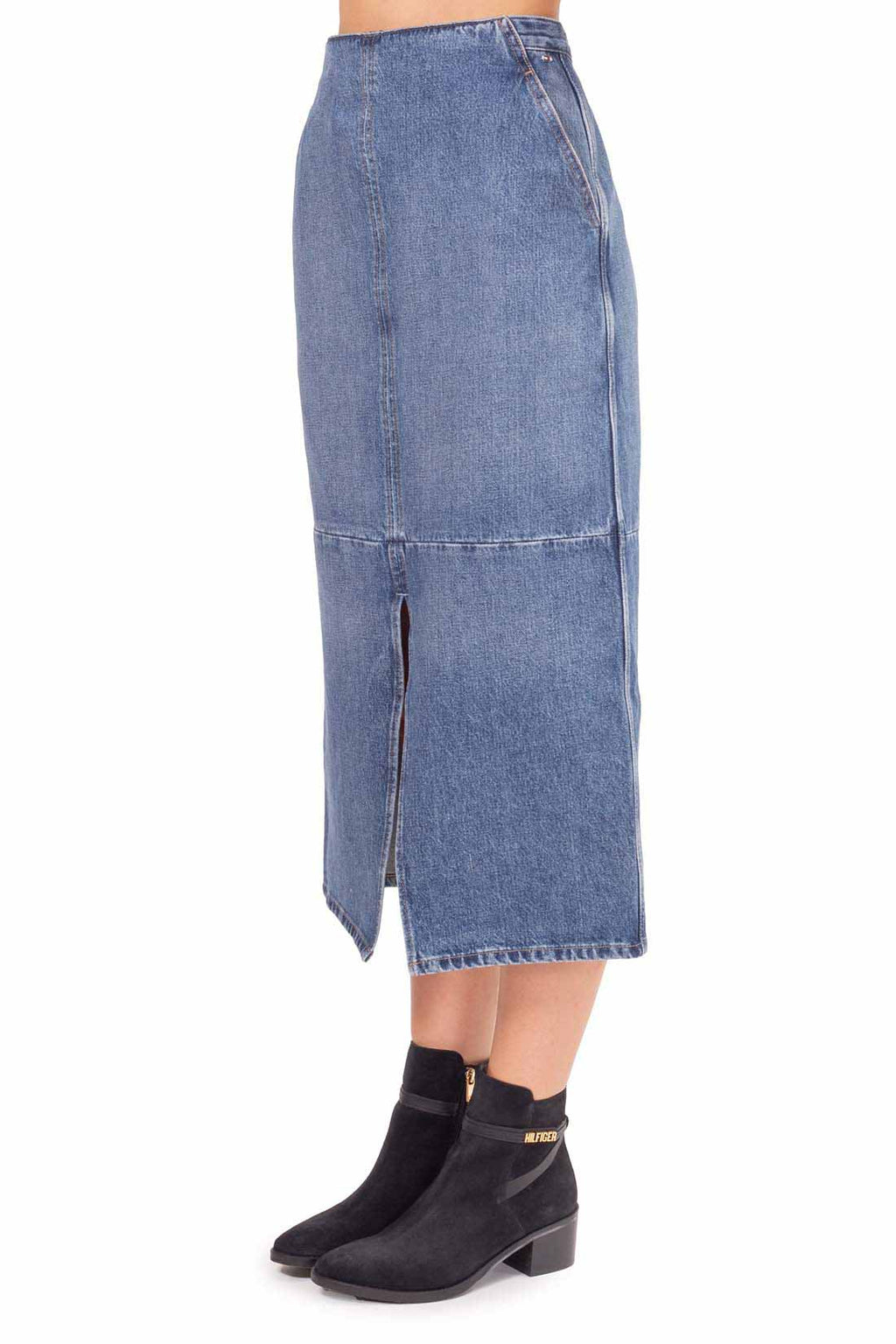 Medium wash denim midi skirt with high waist, front slit, and slanted pockets — view 19