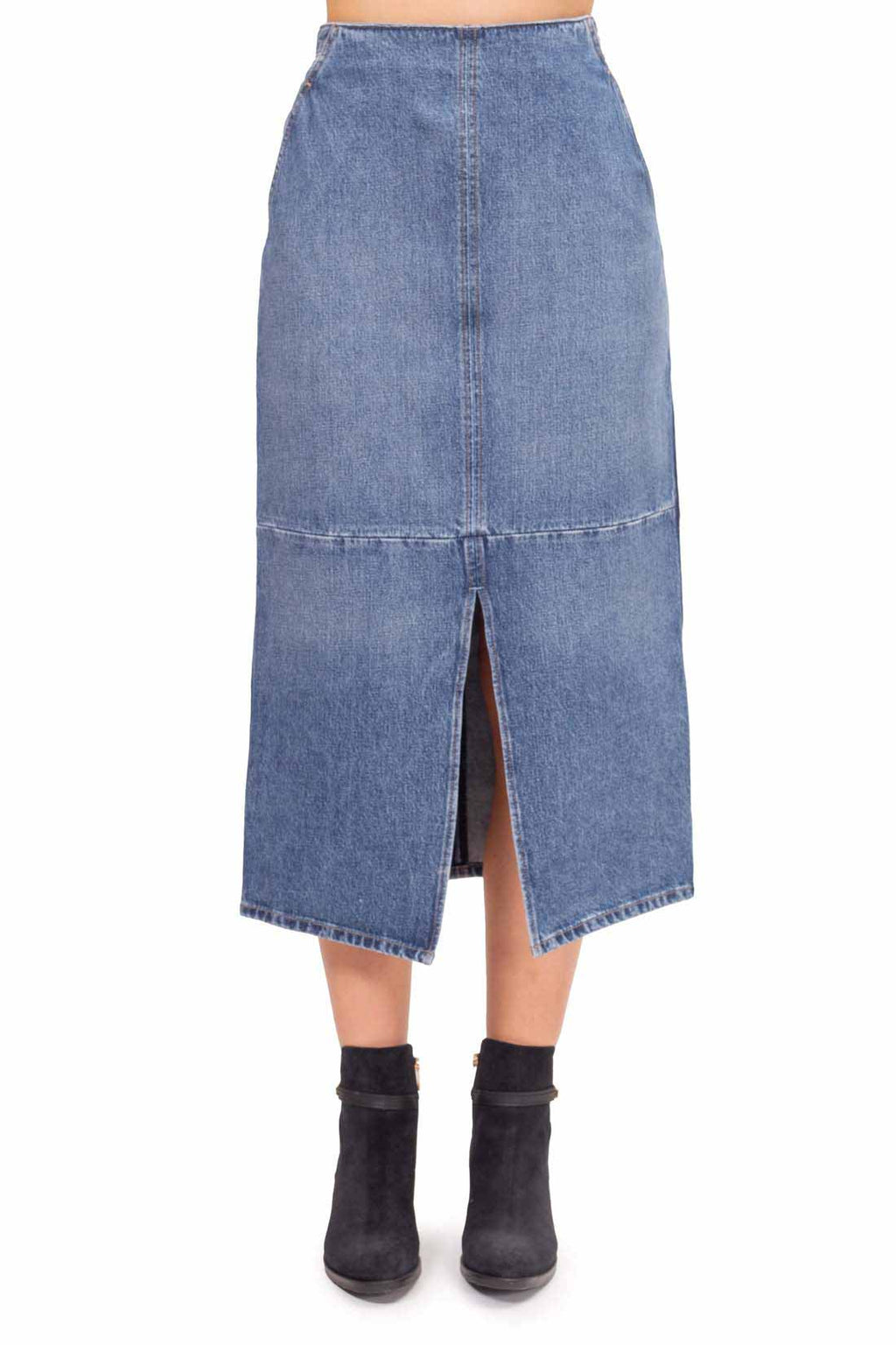 Medium wash denim midi skirt with high waist, front slit, and slanted pockets — view 10