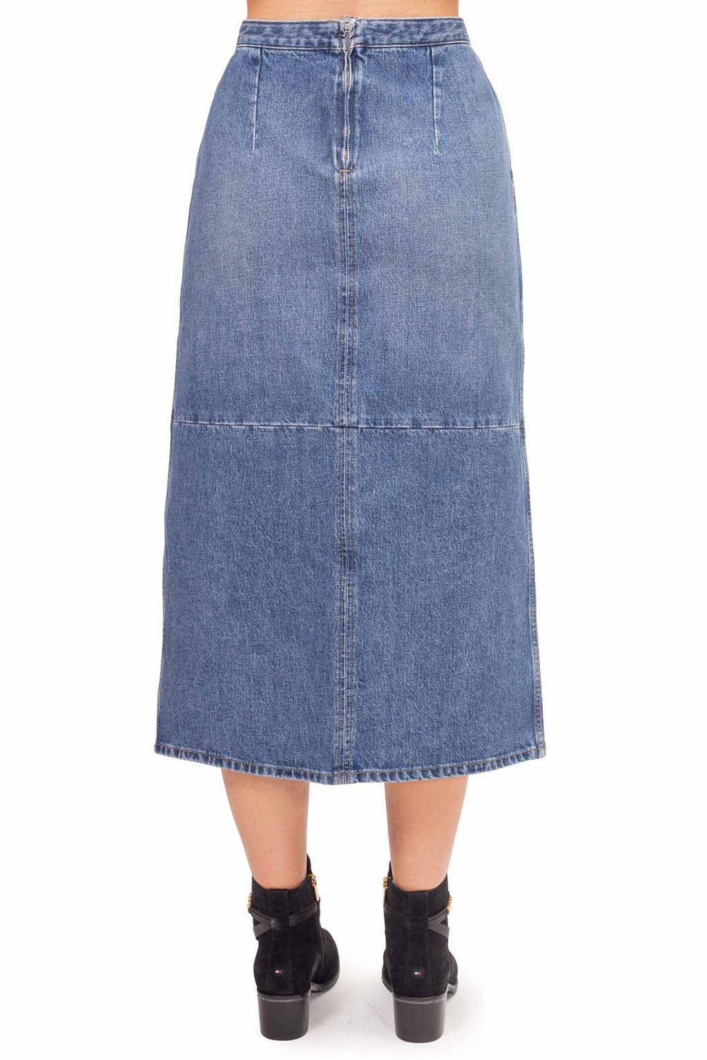 Medium wash denim midi skirt with high waist, front slit, and slanted pockets — view 23