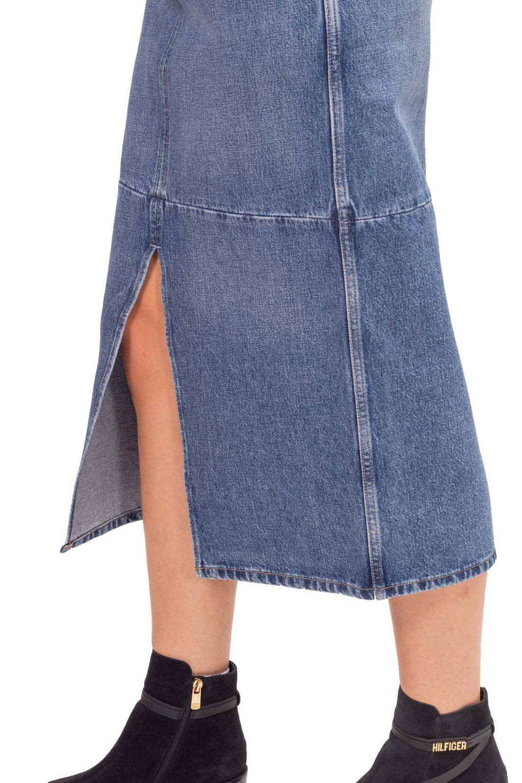 Medium wash denim midi skirt with high waist, front slit, and slanted pockets — view 22