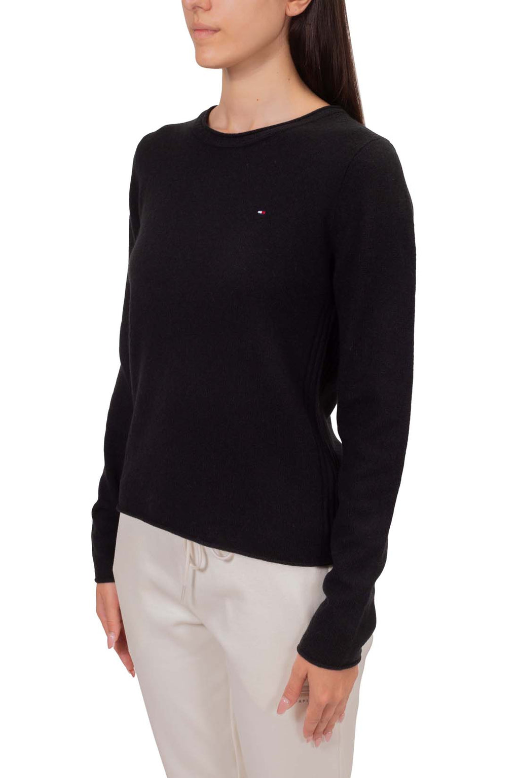 Women's navy blue pure wool crewneck sweater with long sleeves and subtle front logo embroidery — view 14