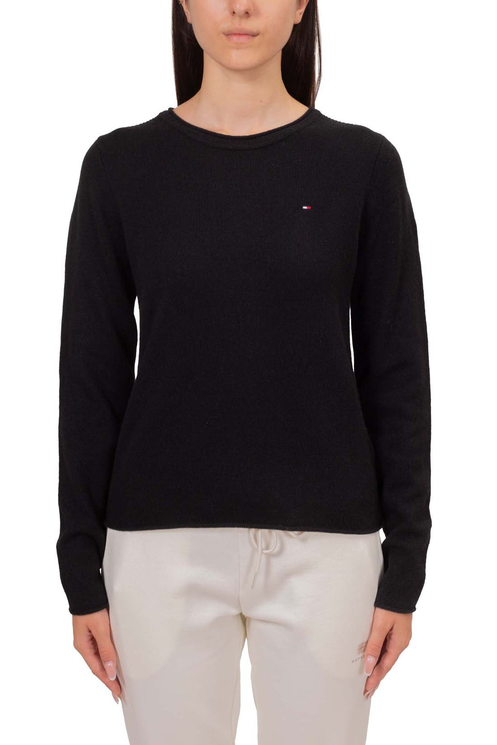 Women's navy blue pure wool crewneck sweater with long sleeves and subtle front logo embroidery — view 4