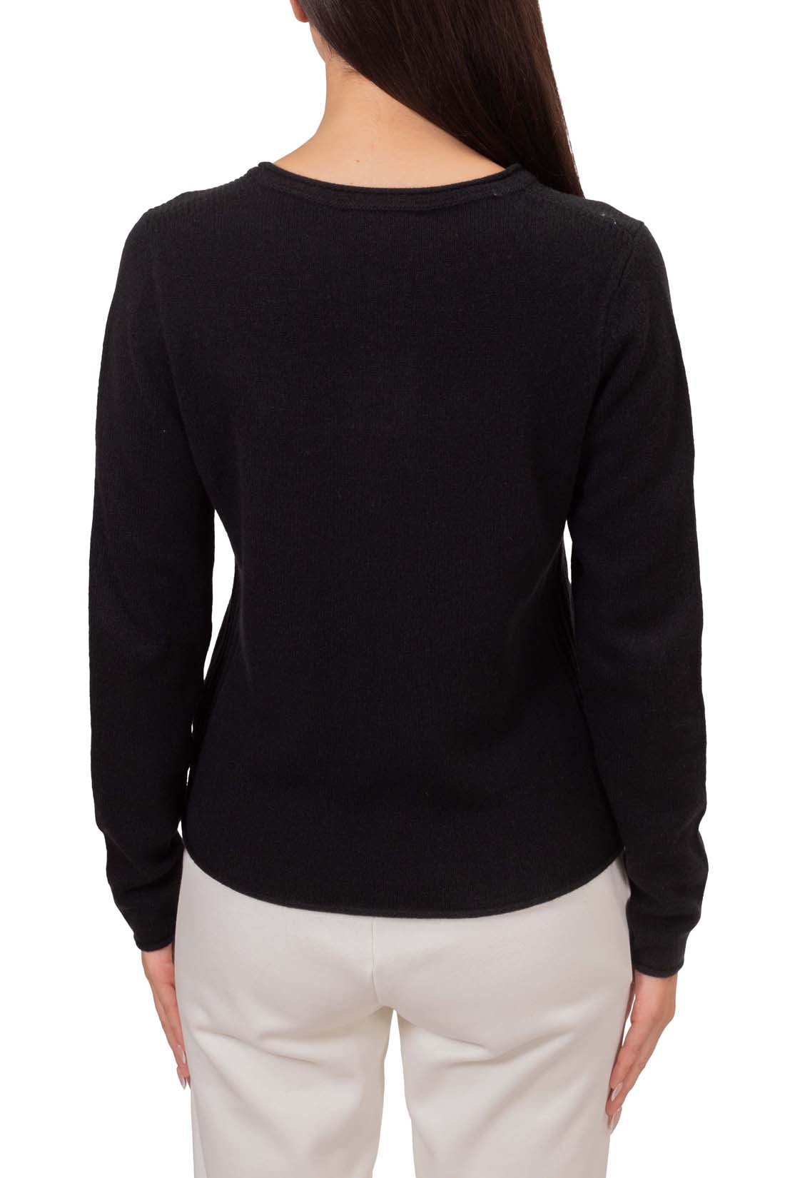 Women's navy blue pure wool crewneck sweater with long sleeves and subtle front logo embroidery — view 7