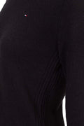 Women's navy blue pure wool crewneck sweater with long sleeves and subtle front logo embroidery