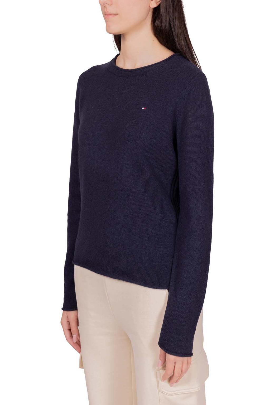 Women's navy blue pure wool crewneck sweater with long sleeves and subtle front logo embroidery — view 18