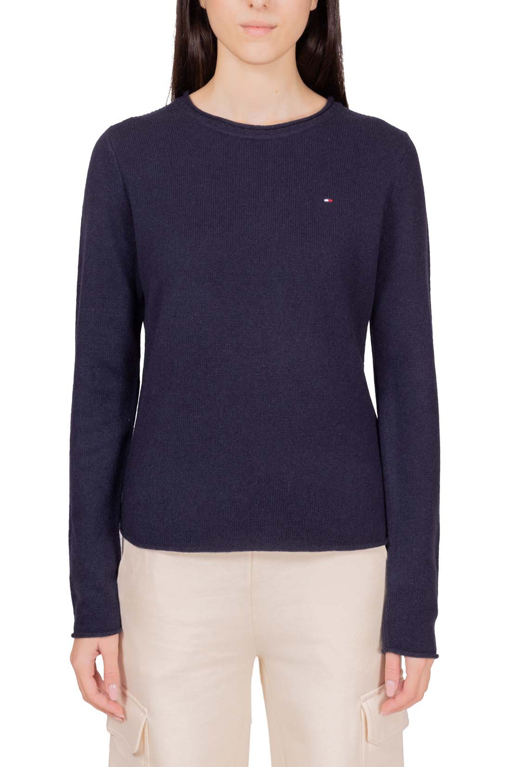 Women's navy blue pure wool crewneck sweater with long sleeves and subtle front logo embroidery — view 24