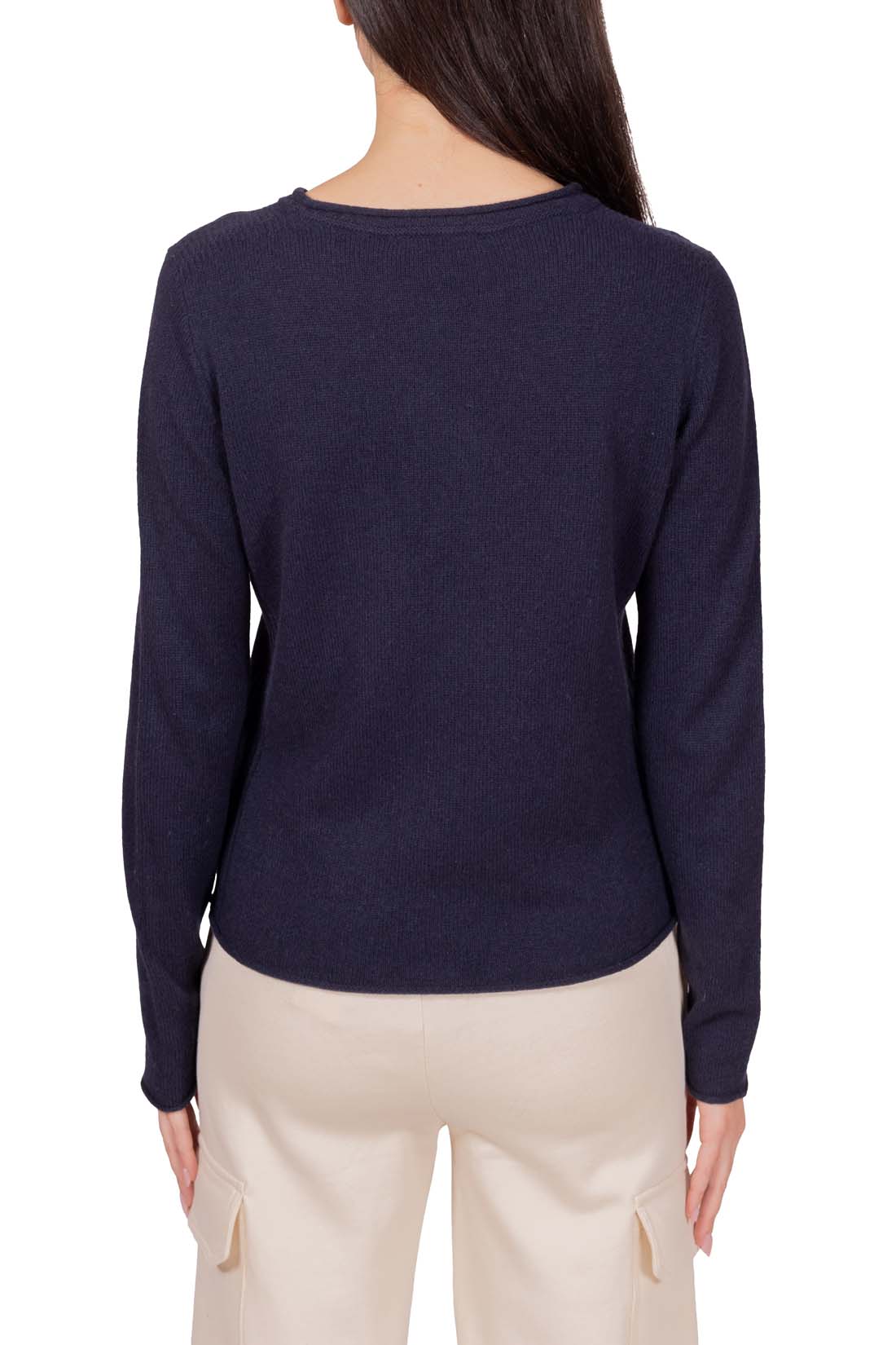 Women's navy blue pure wool crewneck sweater with long sleeves and subtle front logo embroidery — view 23