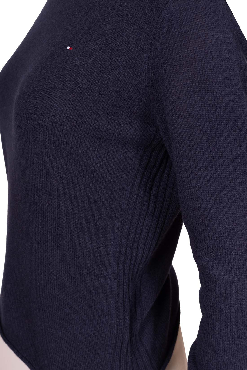 Women's navy blue pure wool crewneck sweater with long sleeves and subtle front logo embroidery — view 17