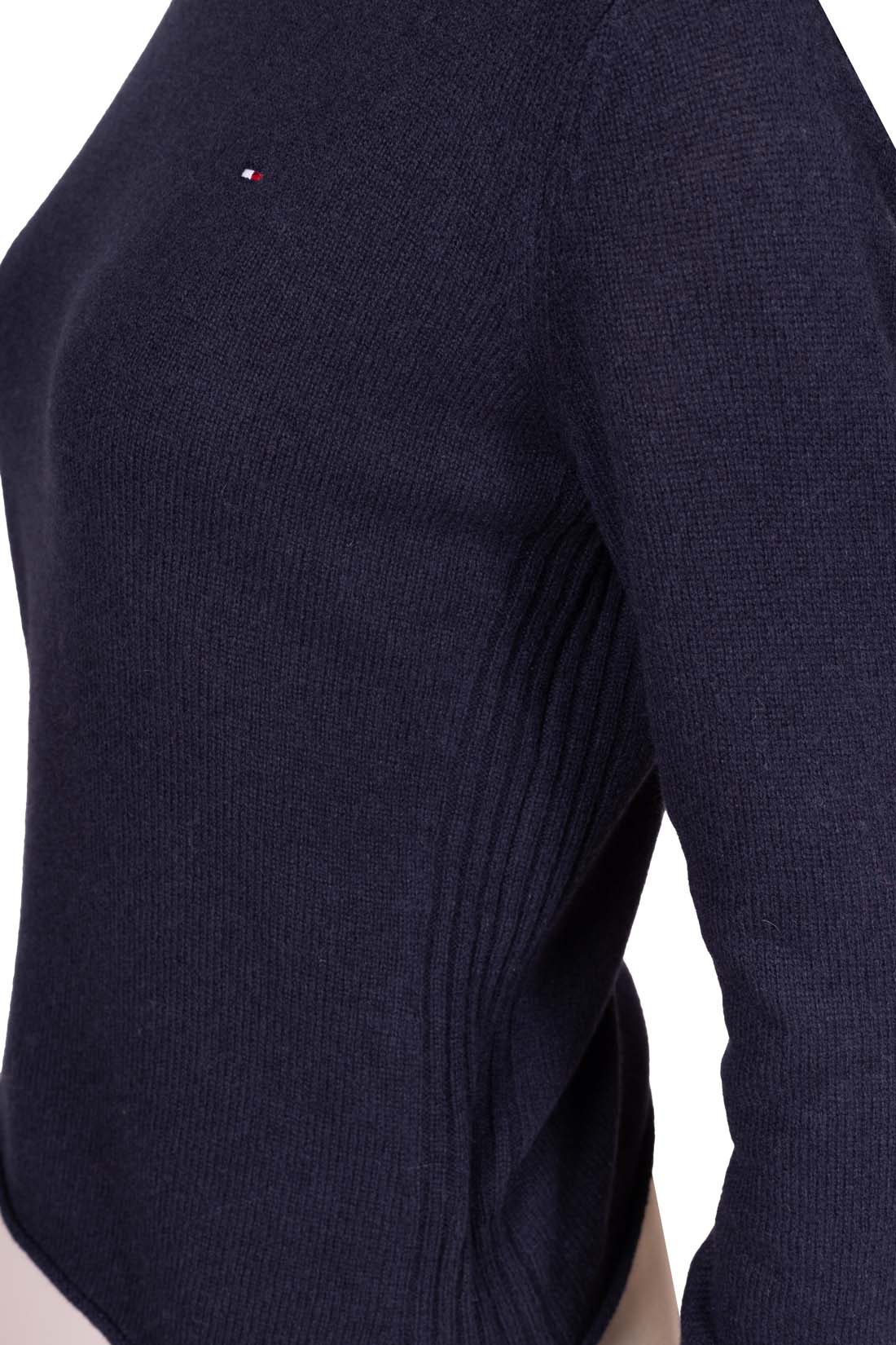 Women's navy blue pure wool crewneck sweater with long sleeves and subtle front logo embroidery — view 21
