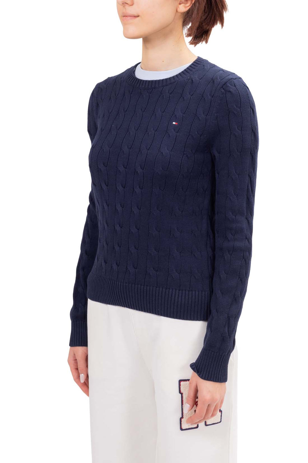 Pure white women's short sleeve cable knit sweater with crew neck and embroidered logo detail — view 6