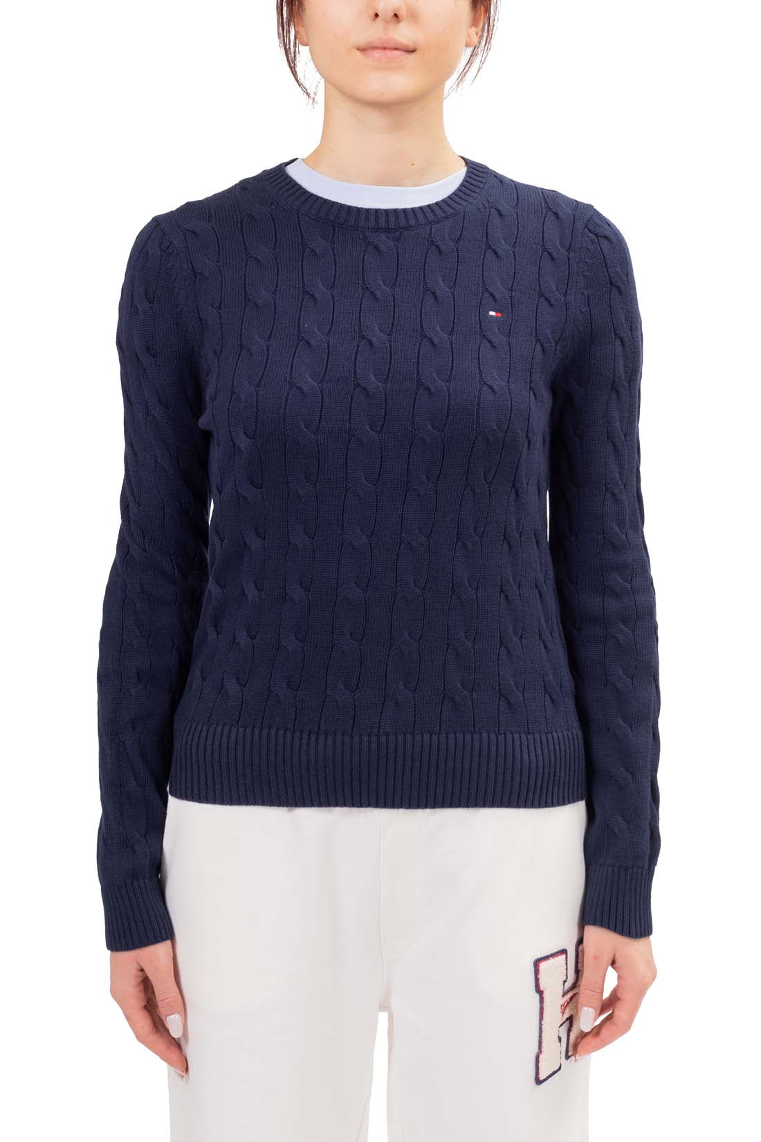 Pure white women's short sleeve cable knit sweater with crew neck and embroidered logo detail — view 12