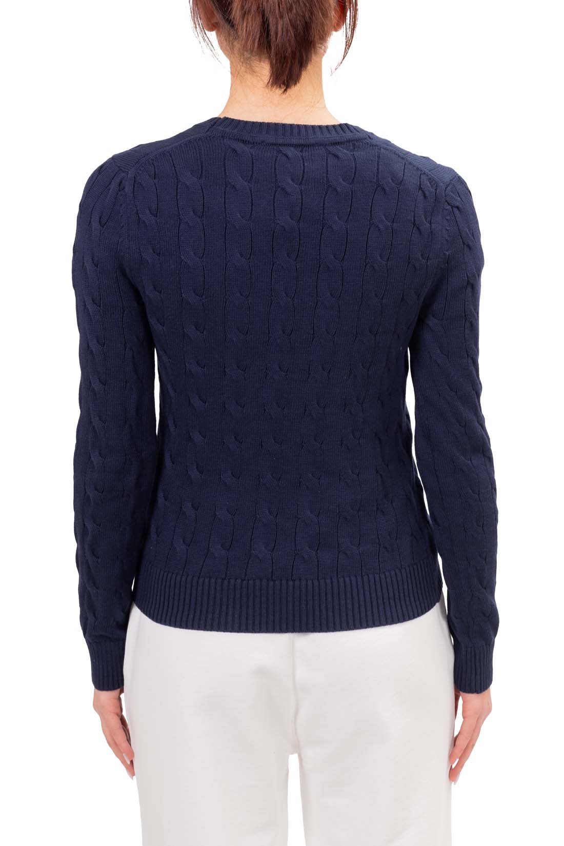 Pure white women's short sleeve cable knit sweater with crew neck and embroidered logo detail — view 3