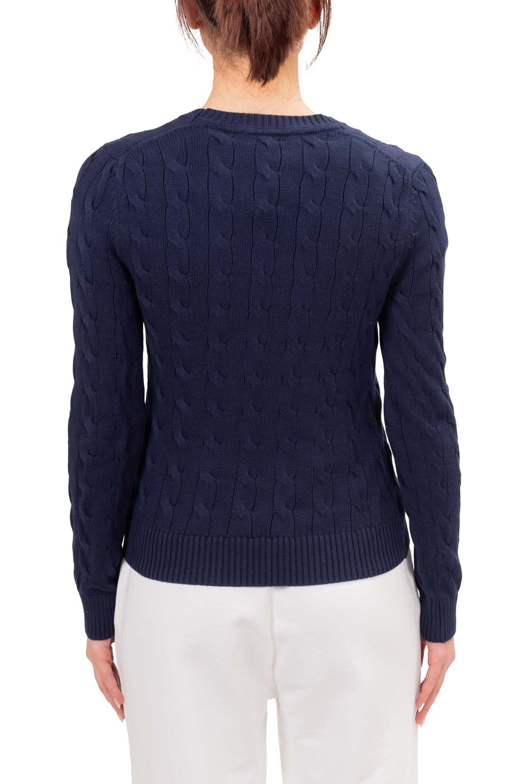 Pure white women's short sleeve cable knit sweater with crew neck and embroidered logo detail — view 11