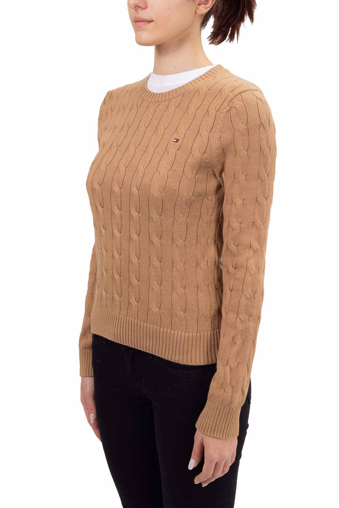 Pure white women's short sleeve cable knit sweater with crew neck and embroidered logo detail — view 22