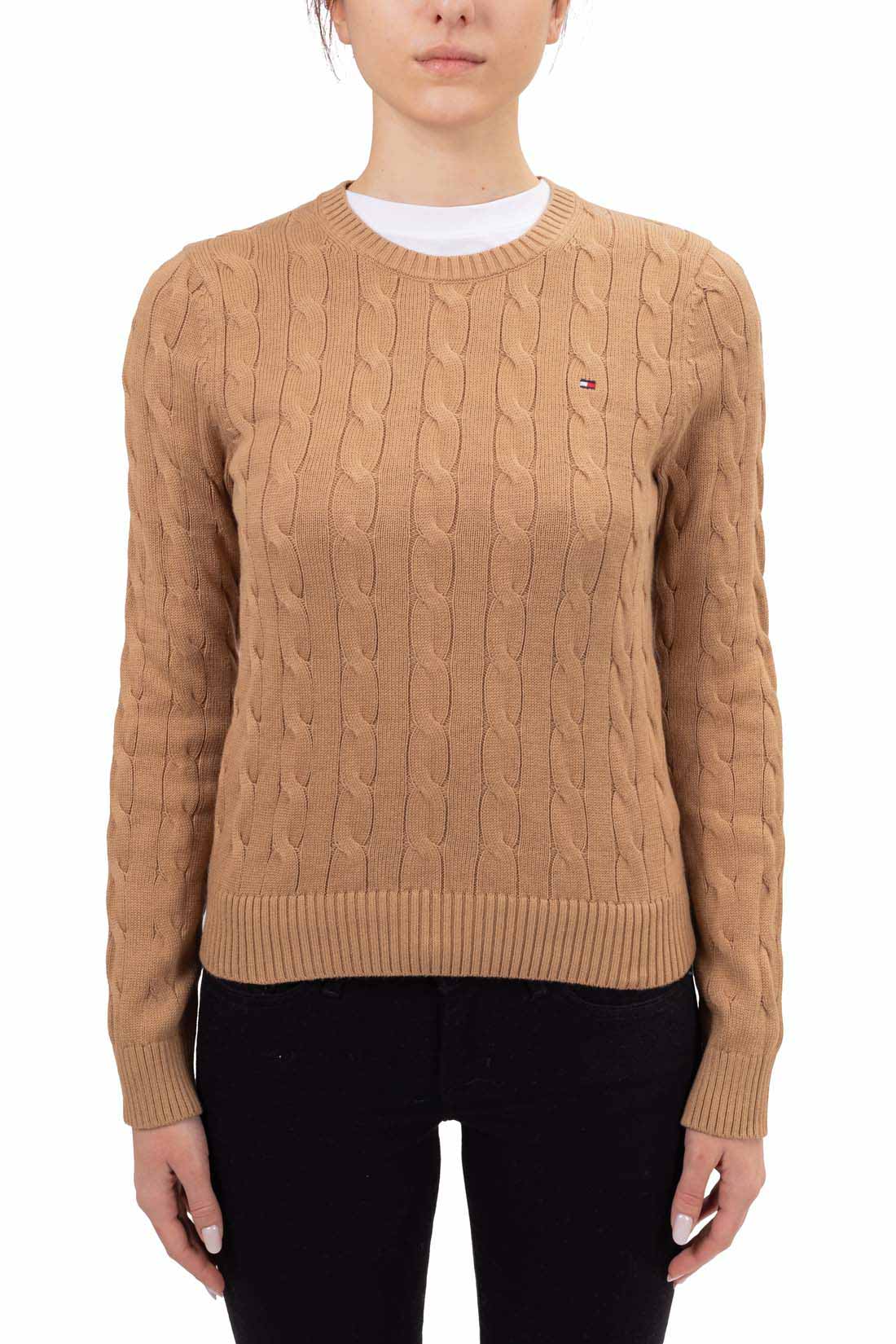 Pure white women's short sleeve cable knit sweater with crew neck and embroidered logo detail — view 24