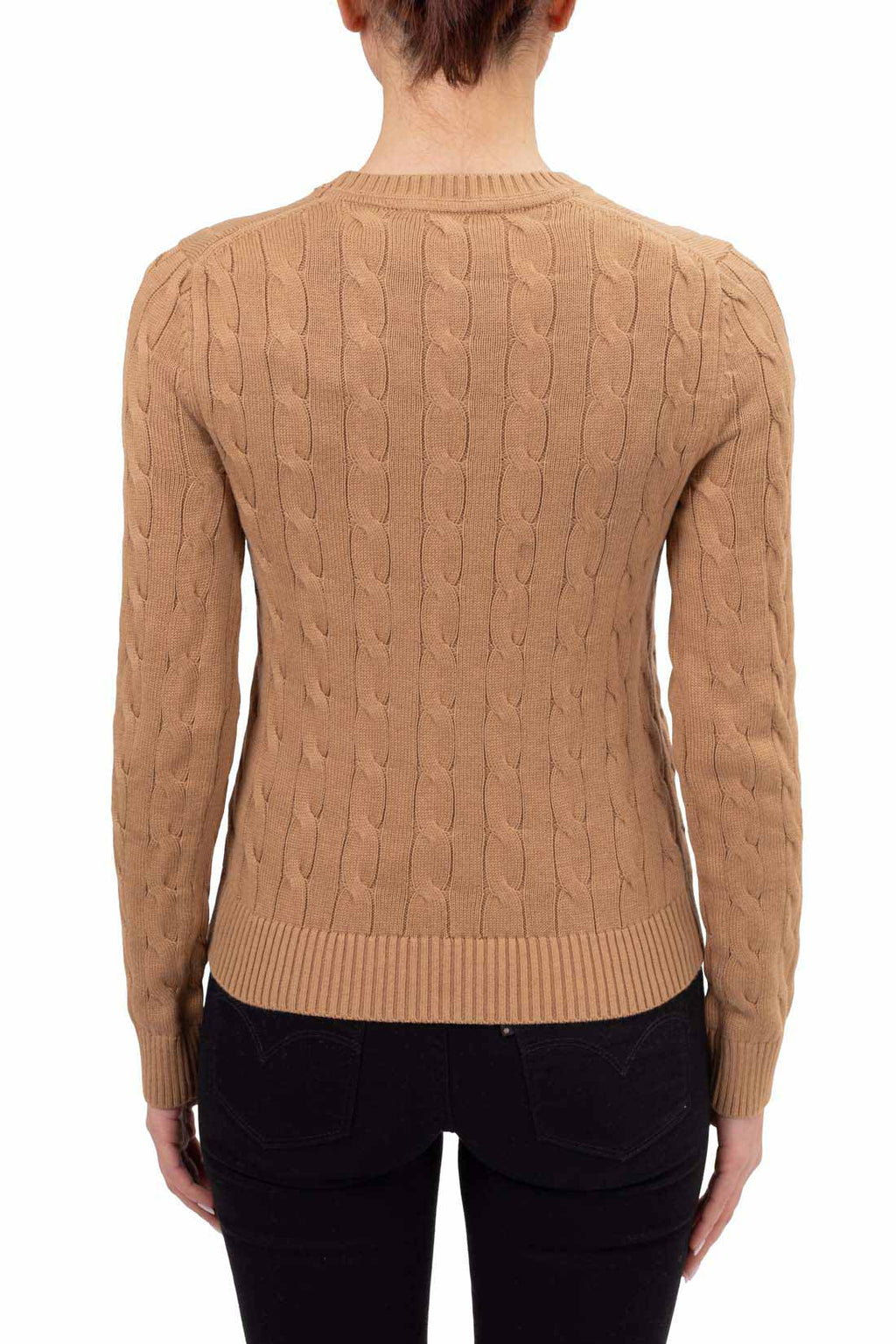 Pure white women's short sleeve cable knit sweater with crew neck and embroidered logo detail — view 19