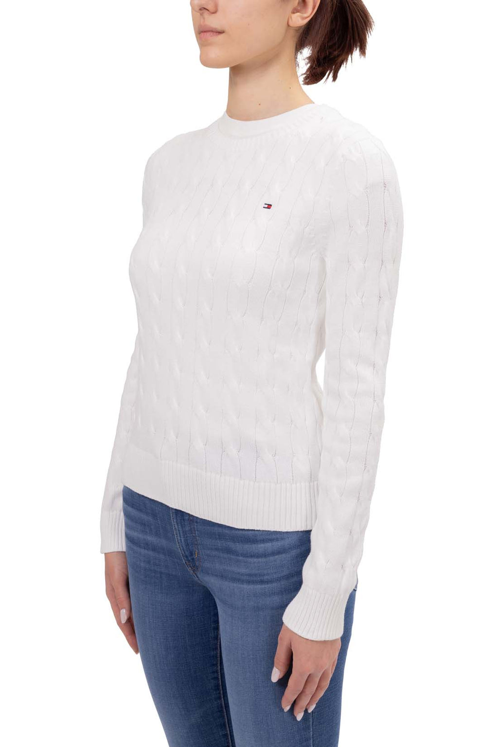 Pure white women's short sleeve cable knit sweater with crew neck and embroidered logo detail — view 34