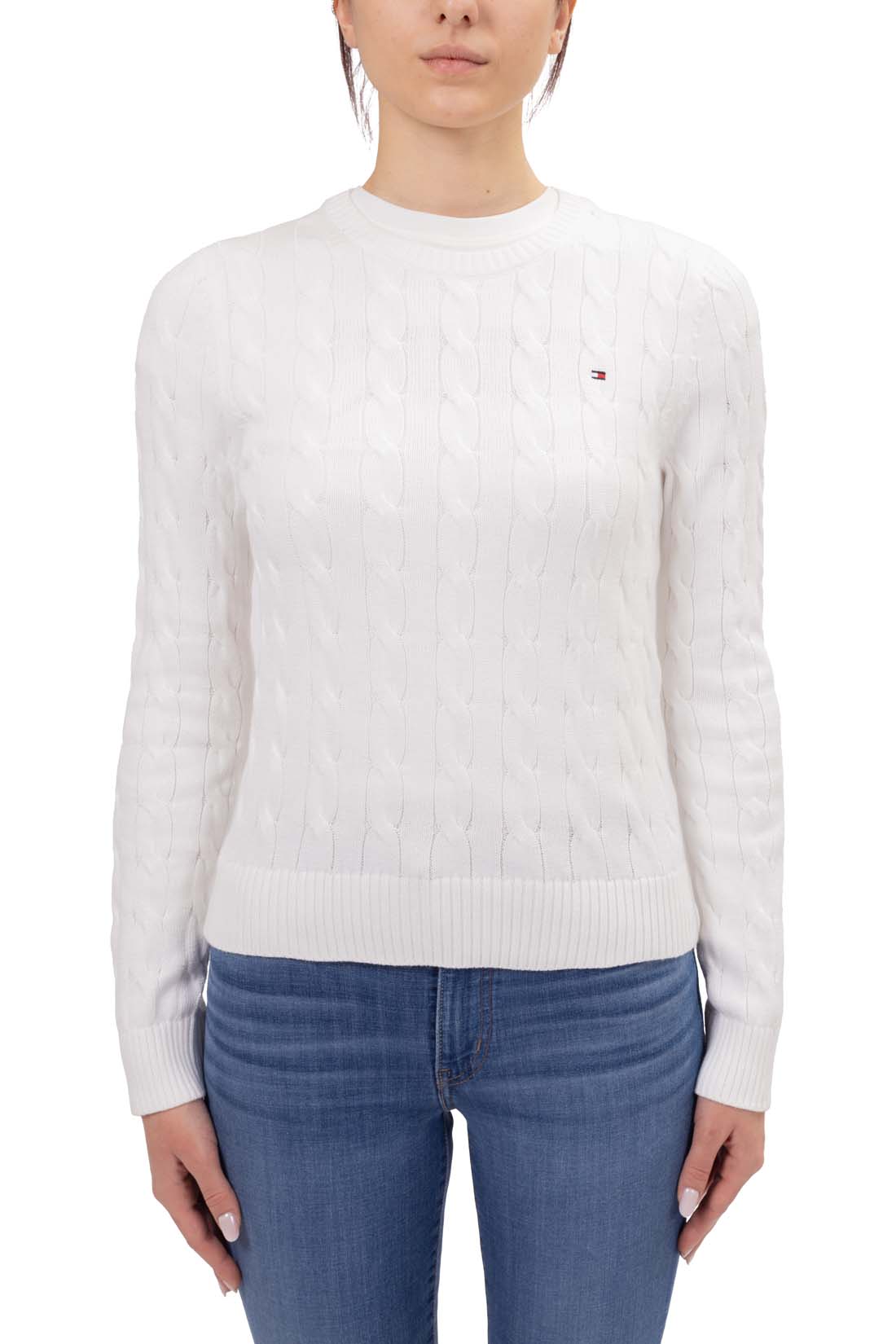 Pure white women's short sleeve cable knit sweater with crew neck and embroidered logo detail — view 32