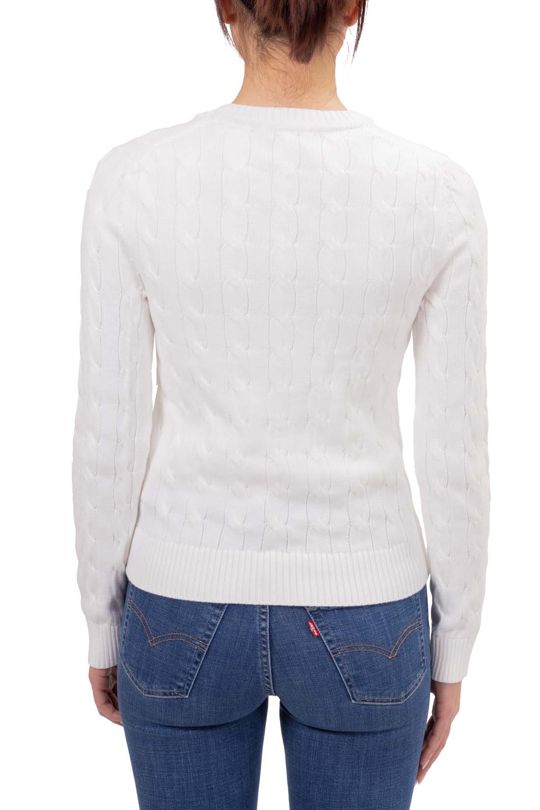 Pure white women's short sleeve cable knit sweater with crew neck and embroidered logo detail — view 35