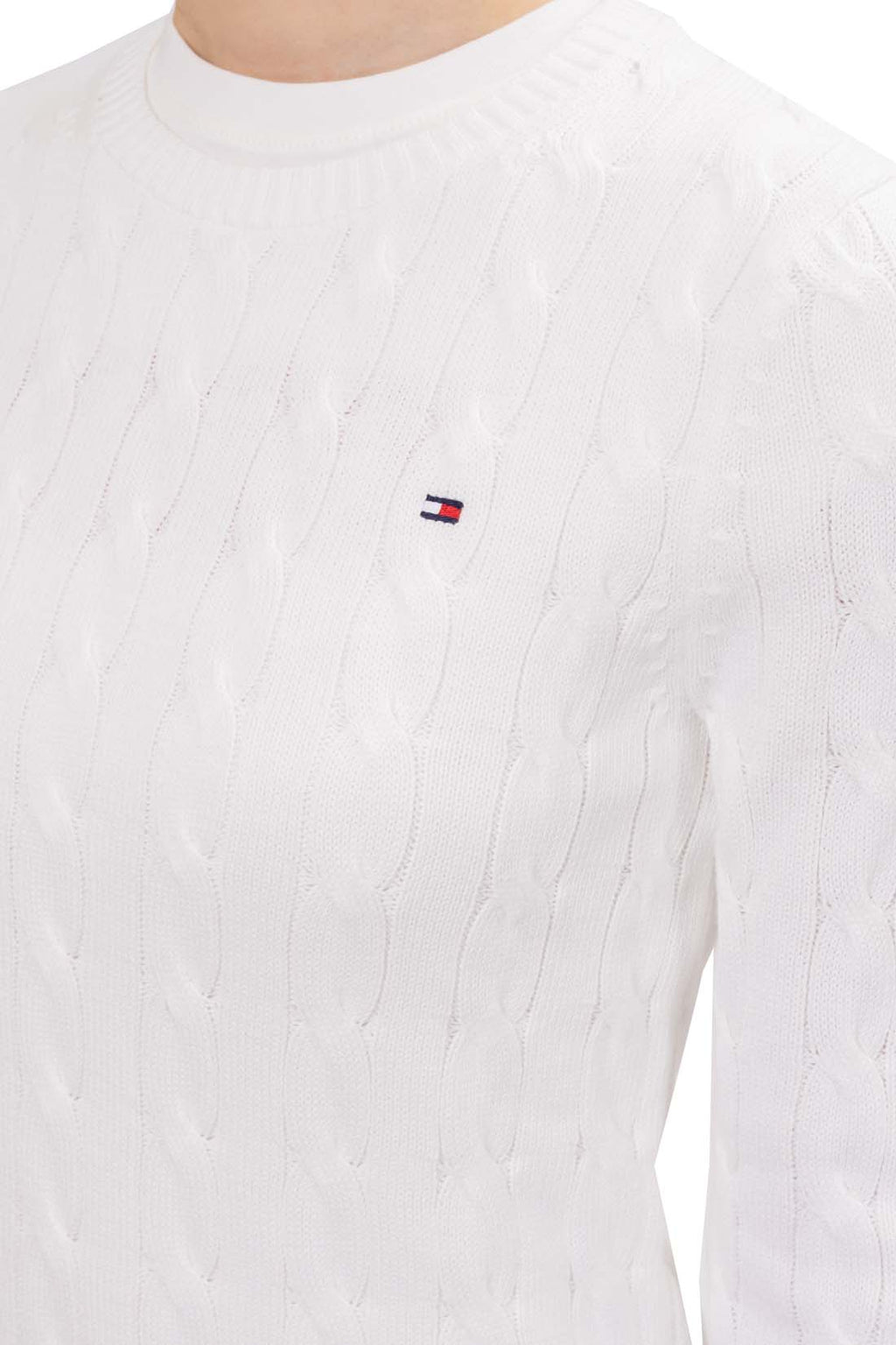 Pure white women's short sleeve cable knit sweater with crew neck and embroidered logo detail — view 29
