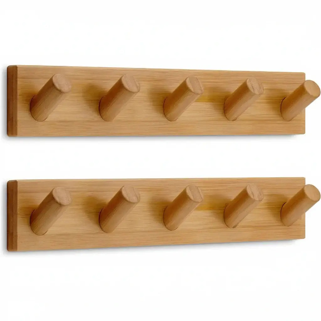 Wooden wall mounted coat rack with five heavy duty round hooks in a two pack set