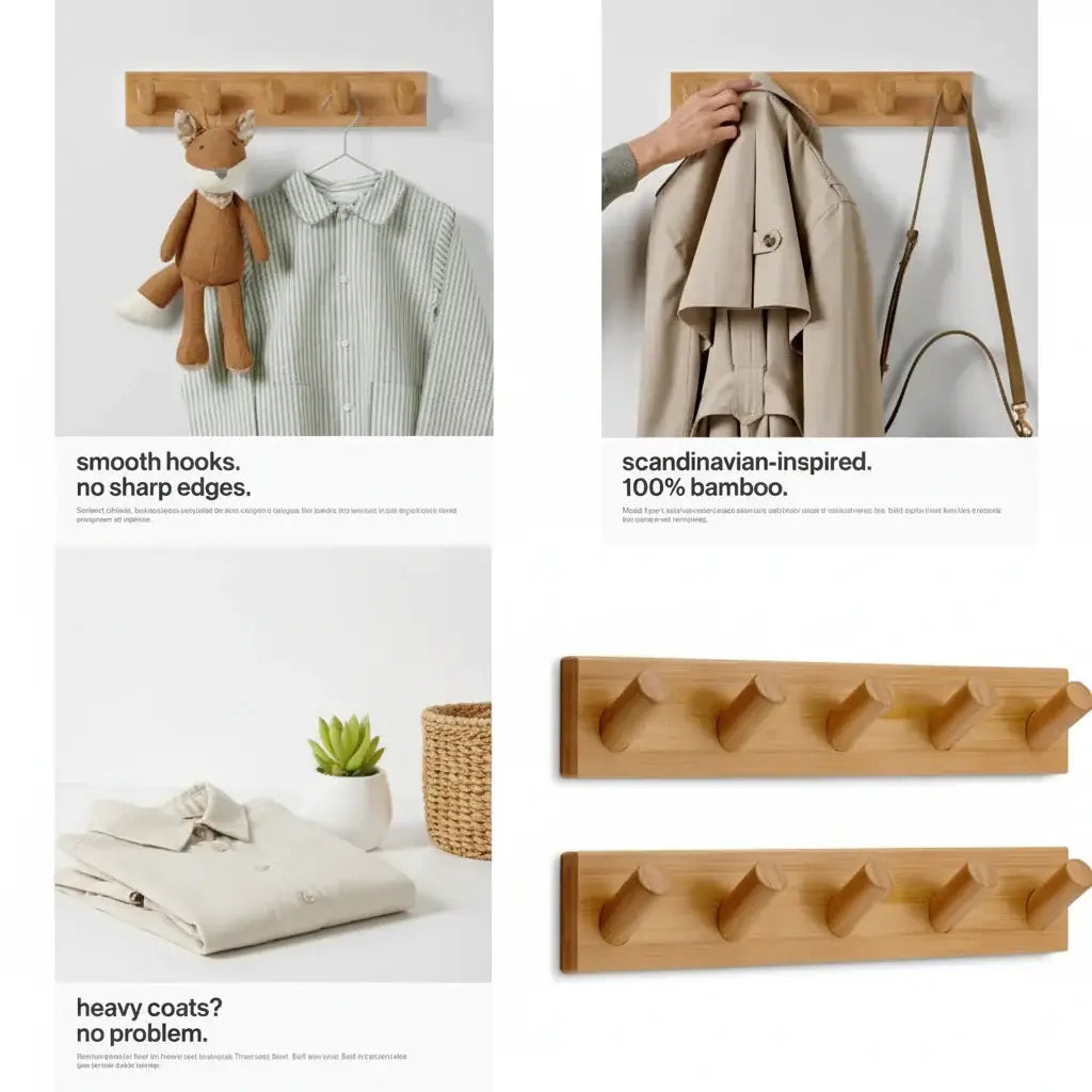 Wooden wall mounted coat rack with five heavy duty round hooks in a two pack set — view 2