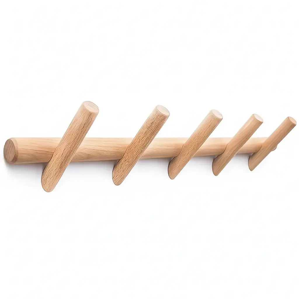 Nordic style solid birch wood wall mounted coat rack with 5 hooks for entryway organization