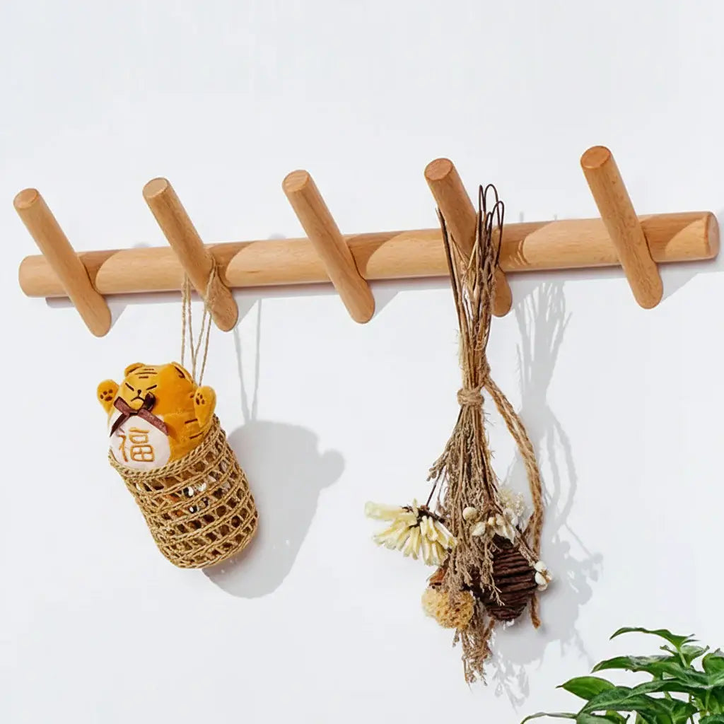Nordic style solid birch wood wall mounted coat rack with 5 hooks for entryway organization — view 2