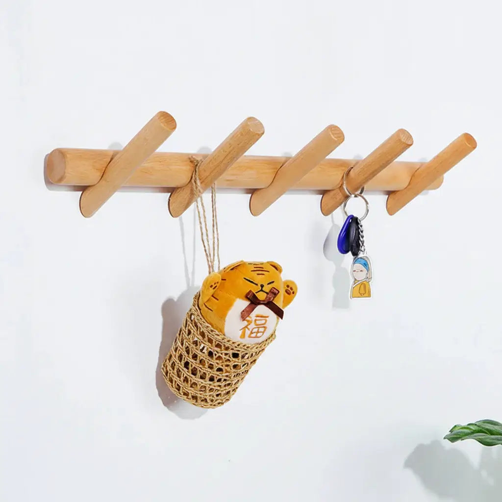 Nordic style solid birch wood wall mounted coat rack with 5 hooks for entryway organization — view 3