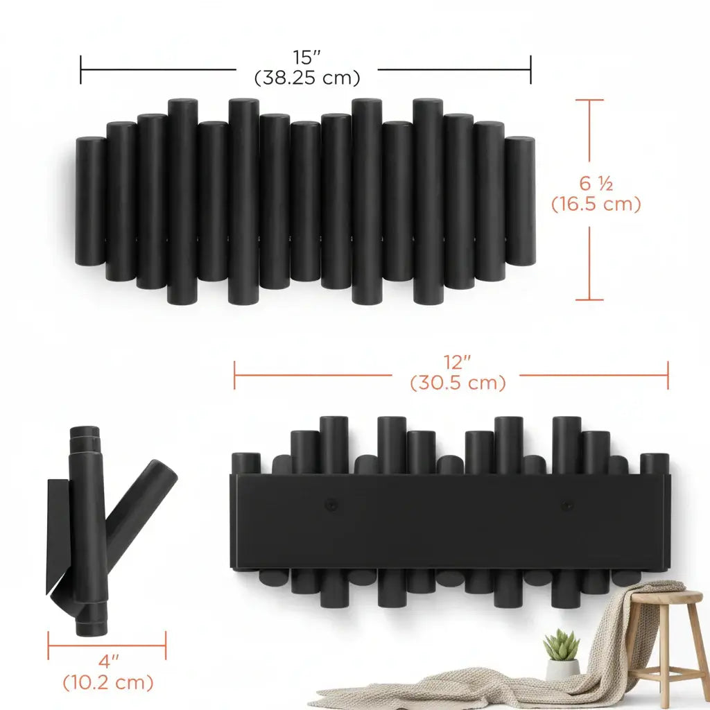 Black wall-mounted pine wood coat rack with five retractable wooden pegs for entryway storage — view 3