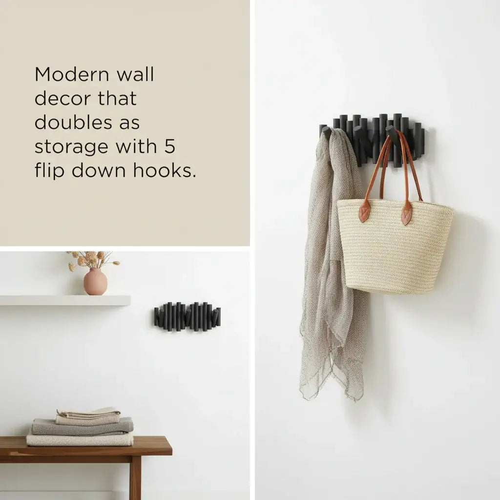 Black wall-mounted pine wood coat rack with five retractable wooden pegs for entryway storage — view 4