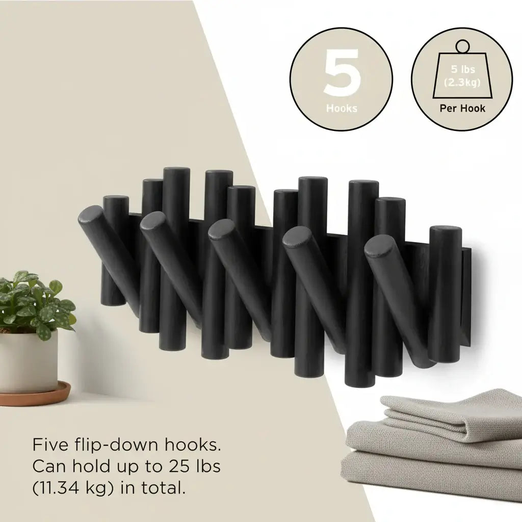 Black wall-mounted pine wood coat rack with five retractable wooden pegs for entryway storage — view 5