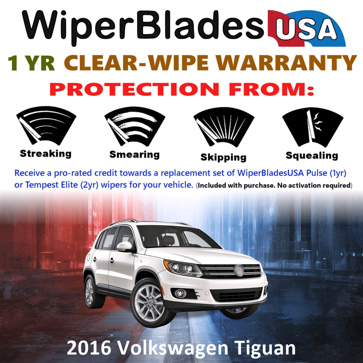 2016 Volkswagen Tiguan Wiper Blades w/1yr Wear Warranty (Set of 2) Wipers-1