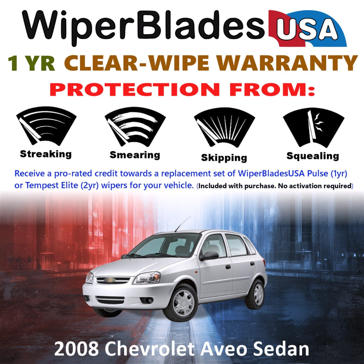 2008 Chevrolet Aveo (Sedan) Wiper Blades w/1yr Wear Warranty (Set of 2) Wipers-1