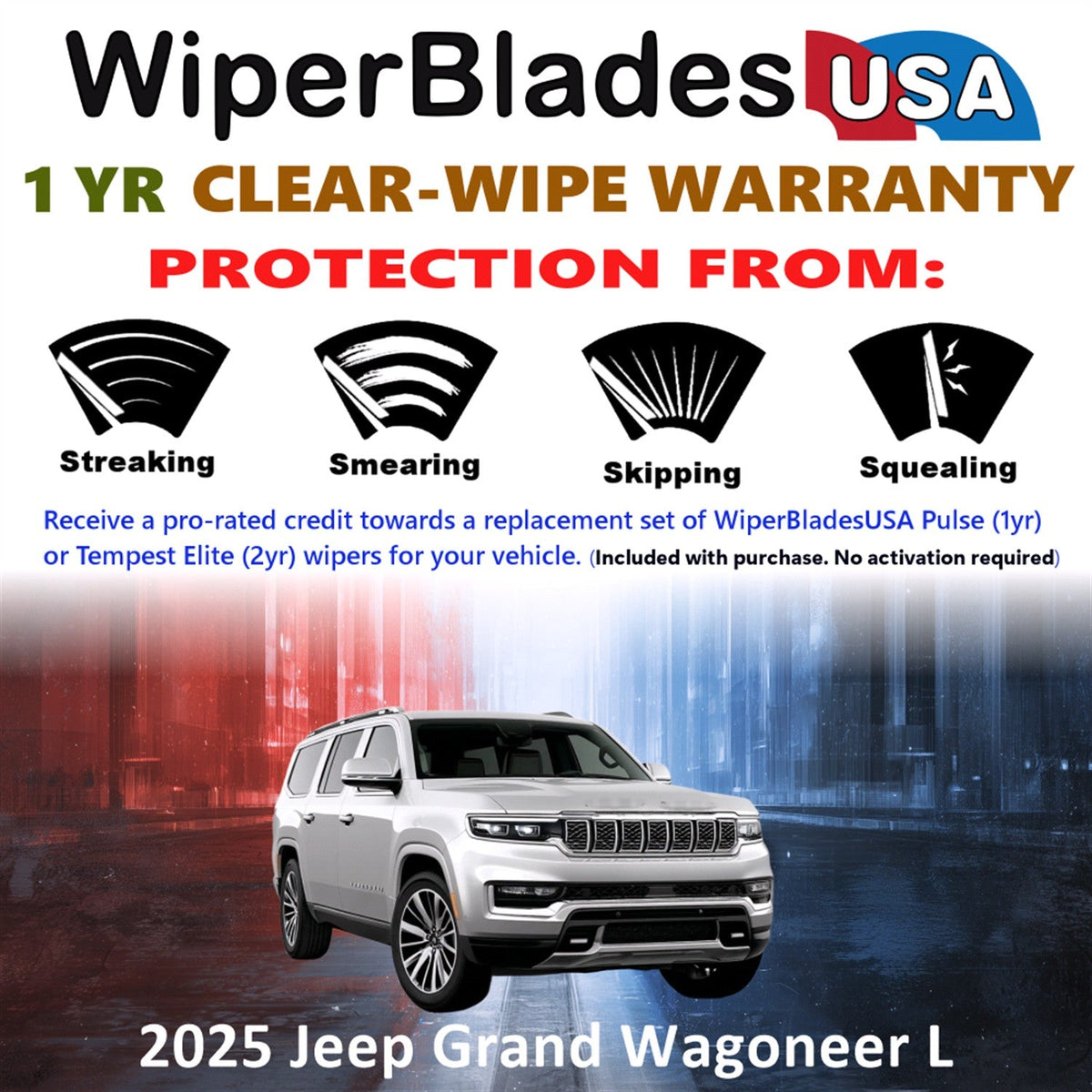 2025 Jeep Grand Wagoneer L Wiper Blades w/1yr Wear Warranty (Set of 2) Wipers-1