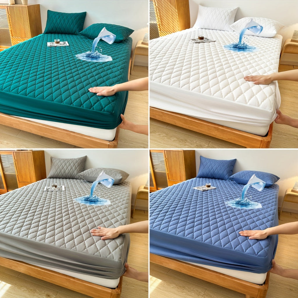White waterproof mattress protector with soft polyester surface and fitted sheet edges on a bed