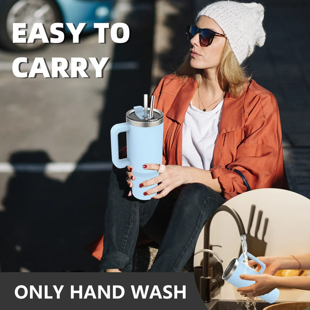 Light blue 1200ml insulated tumbler with handle, stainless steel straw, and spill-proof lid. — view 5