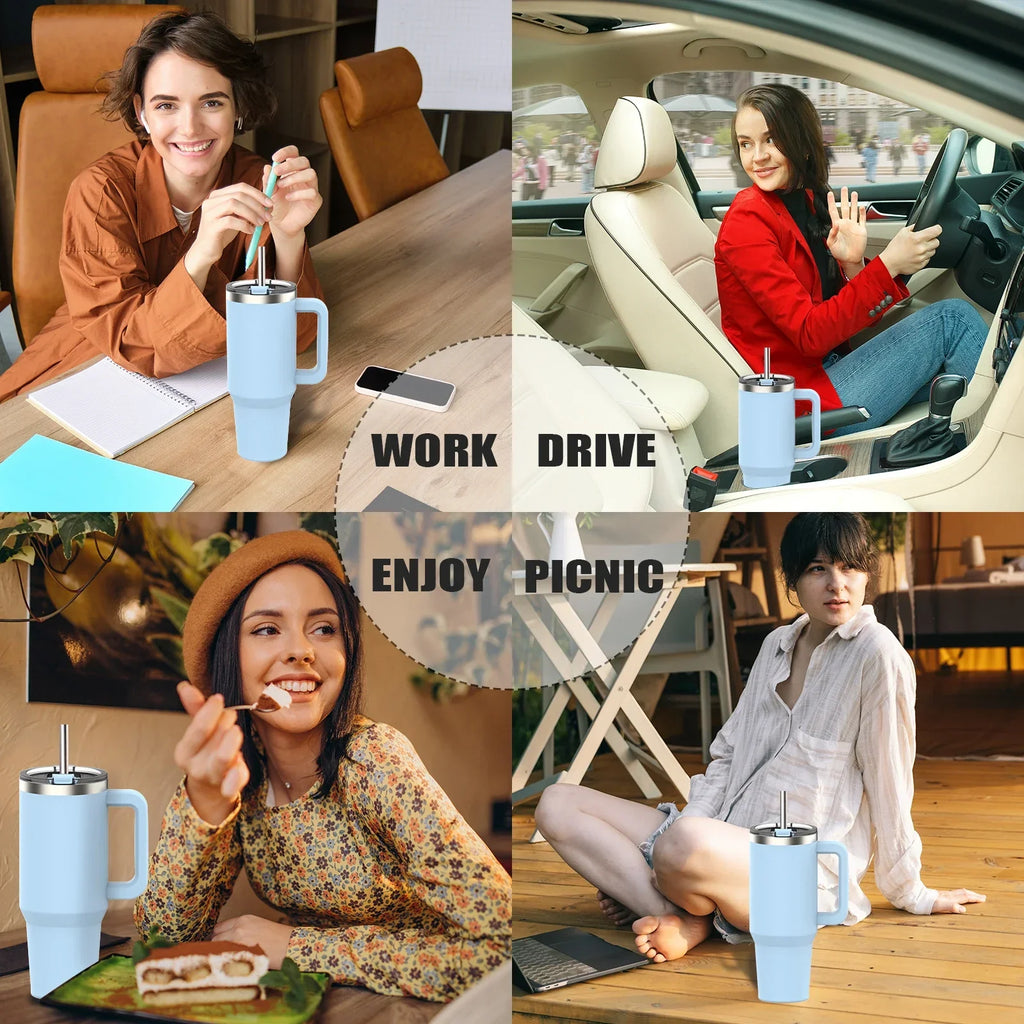 Light blue 1200ml insulated tumbler with handle, stainless steel straw, and spill-proof lid. — view 4