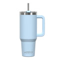 Light blue 1200ml insulated tumbler with handle, stainless steel straw, and spill-proof lid.