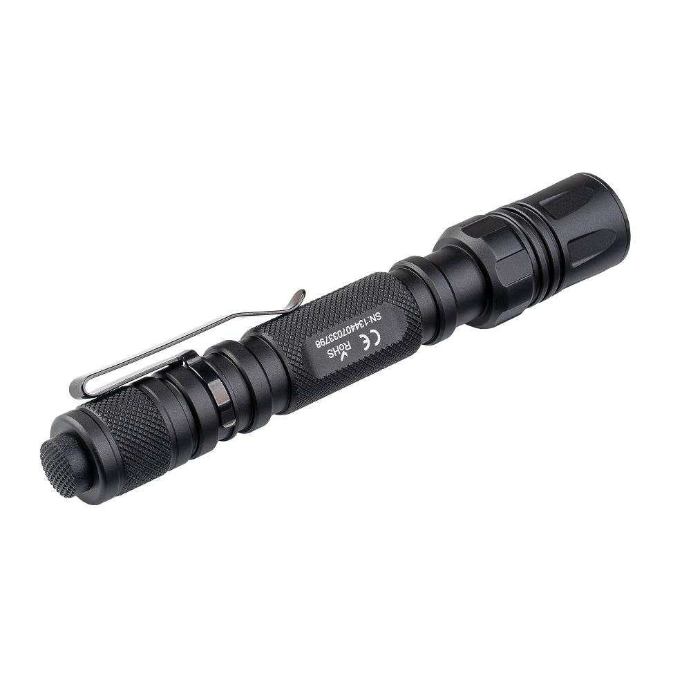 Black aluminum LED tactical penlight with a sturdy stainless steel pocket clip — view 2