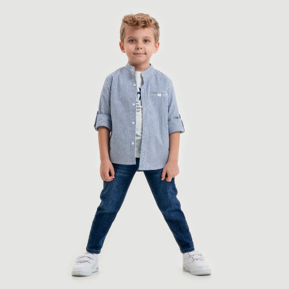 Summer Solstice Boys Jeans Set with striped shirt cotton t-shirt and trendy jeans — view 2