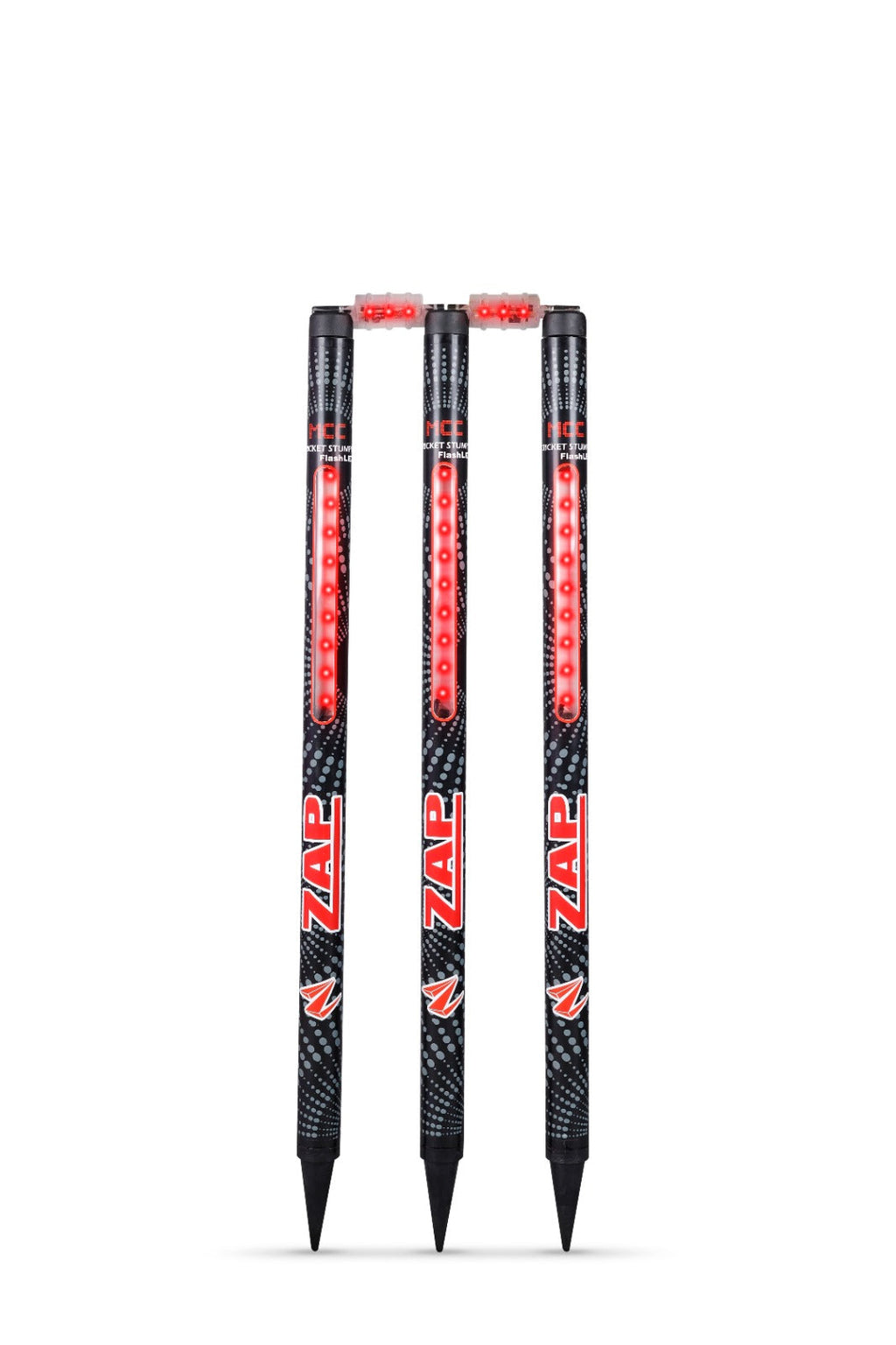 ZAP Apex LED cricket stumps set with glowing red lights bails and tough plastic construction
