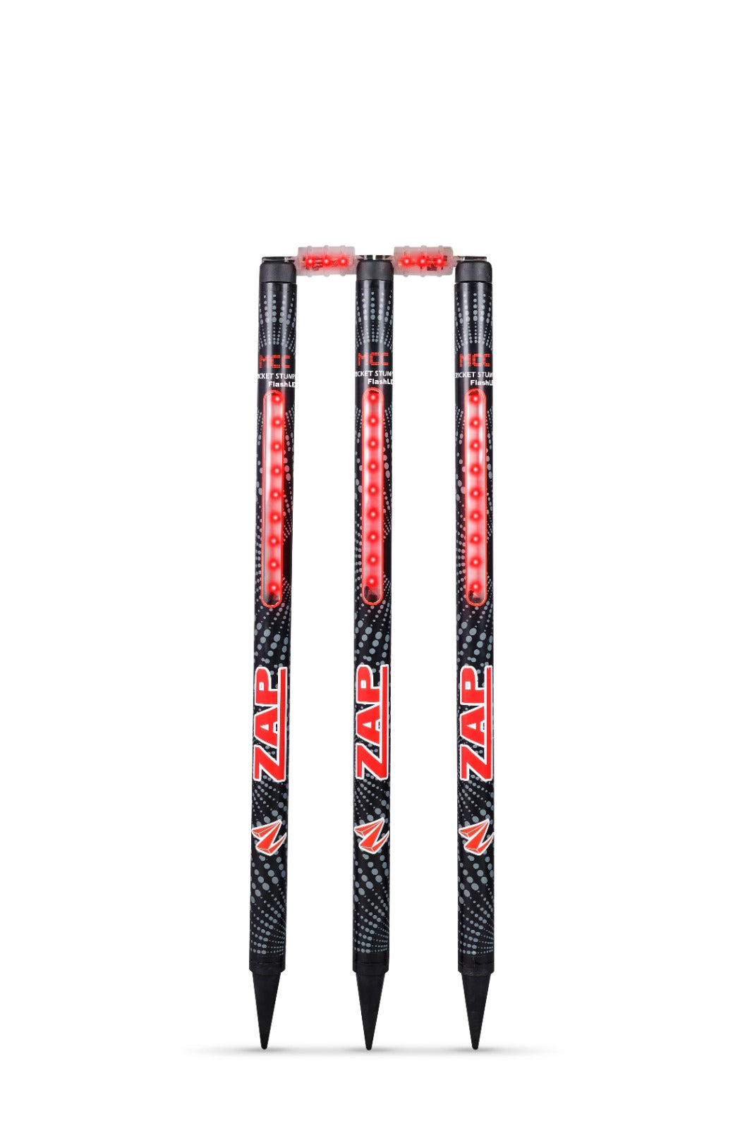 ZAP Apex LED cricket stumps set with glowing red lights bails and tough plastic construction