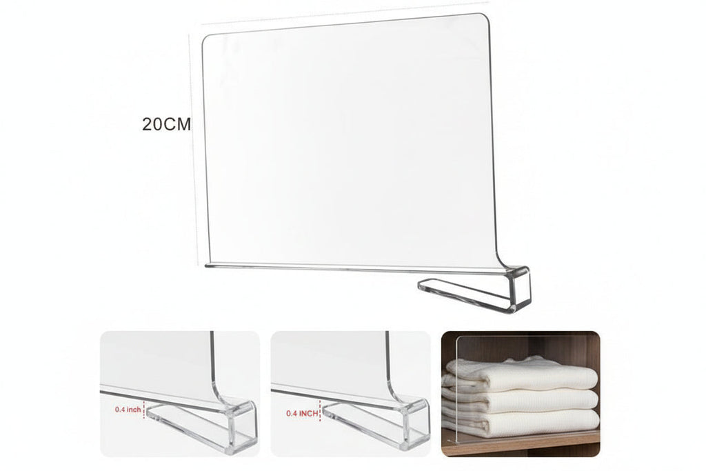 Clear acrylic 30cm shelf divider organizer for wardrobe shelves separating stacks of folded clothes — view 3