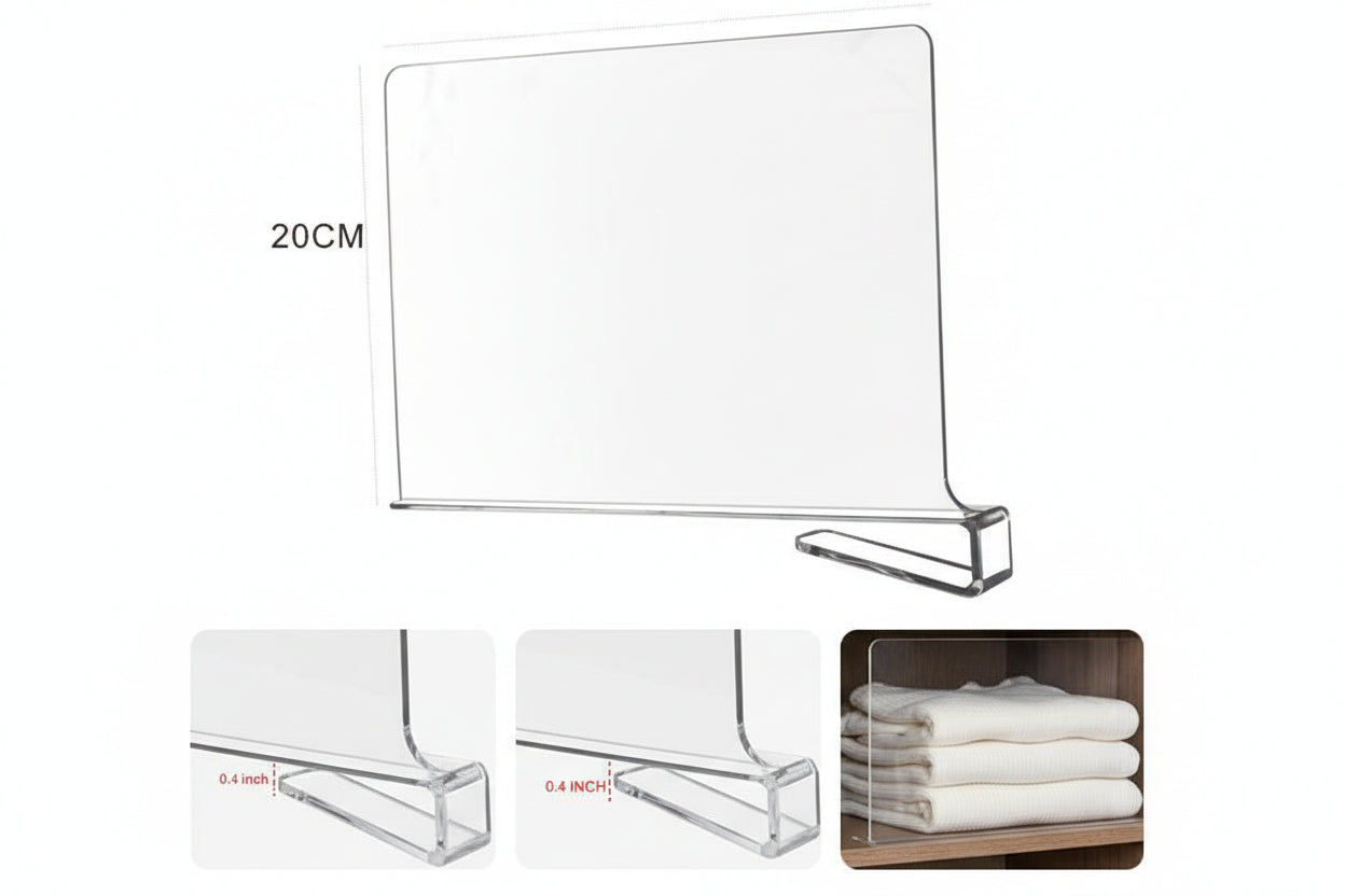 Clear acrylic 30cm shelf divider organizer for wardrobe shelves separating stacks of folded clothes — view 3