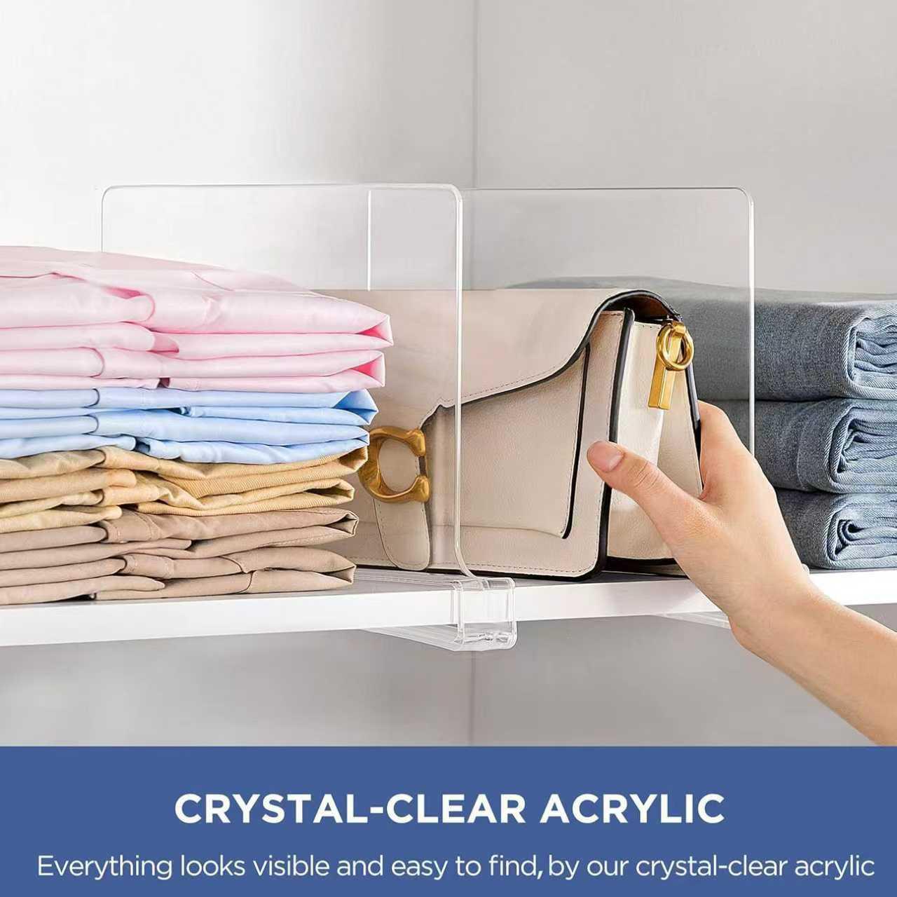 Clear acrylic 30cm shelf divider organizer for wardrobe shelves separating stacks of folded clothes — view 4