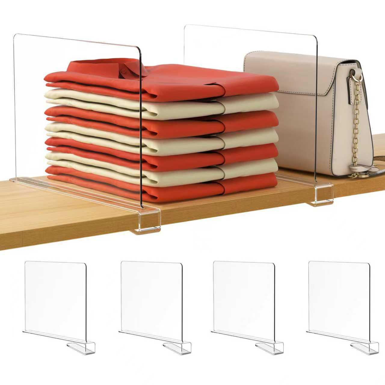 Clear acrylic 30cm shelf divider organizer for wardrobe shelves separating stacks of folded clothes — view 2