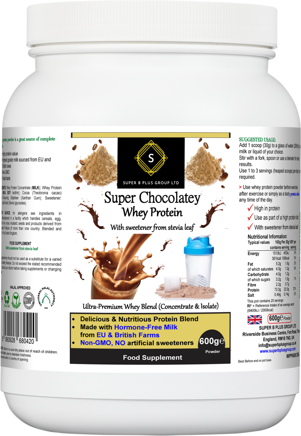 Tub of Super Chocolatey Whey Protein powder with nutritional label and branding on front